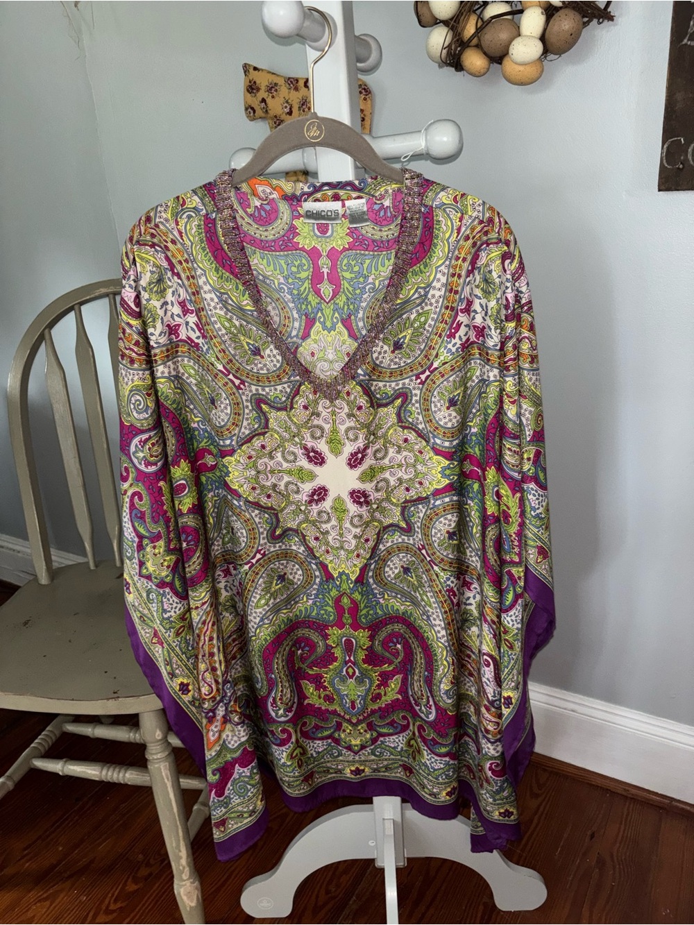 Chico's Paisley V-Neck Tunic in Purple, Green, Pink